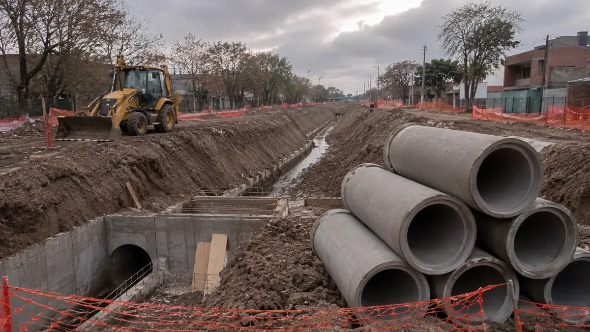 Obra hidráulica en un zanjón de desagüe con caños de hormigón y maquinaria