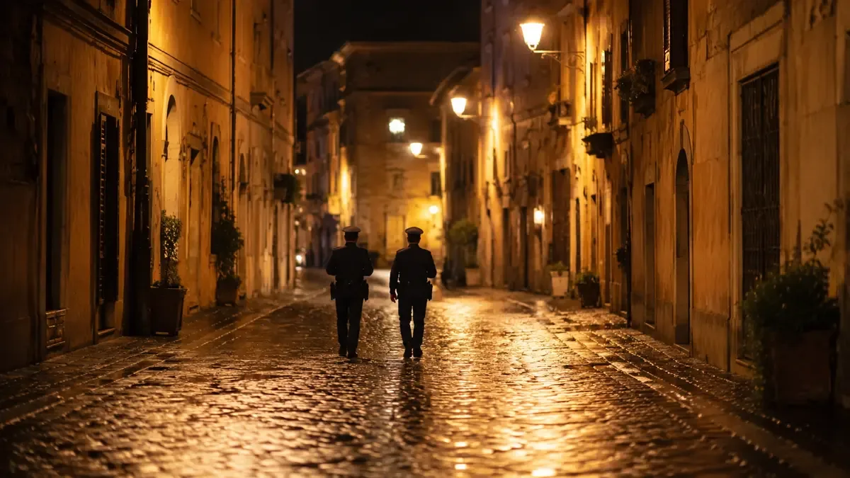 Dos oficiales de espaldas caminando por una calle italiana de noche