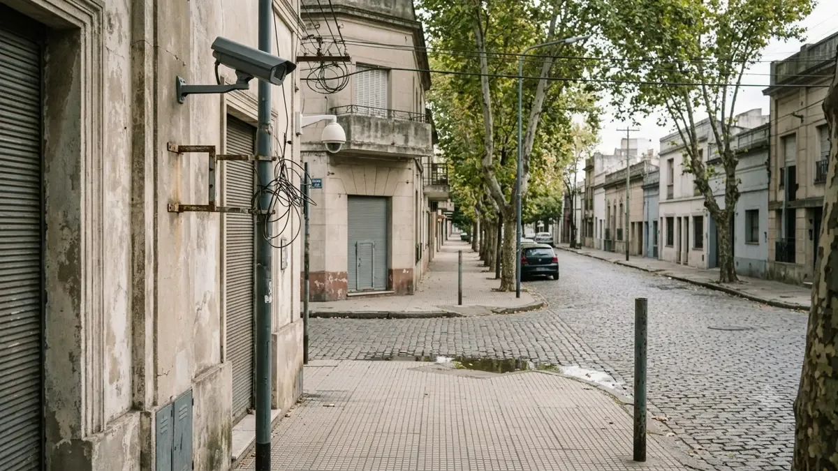 Una cámara de vigilancia genérica en una esquina en una calle urbana argentina, plano medio documental, perspectiva natural