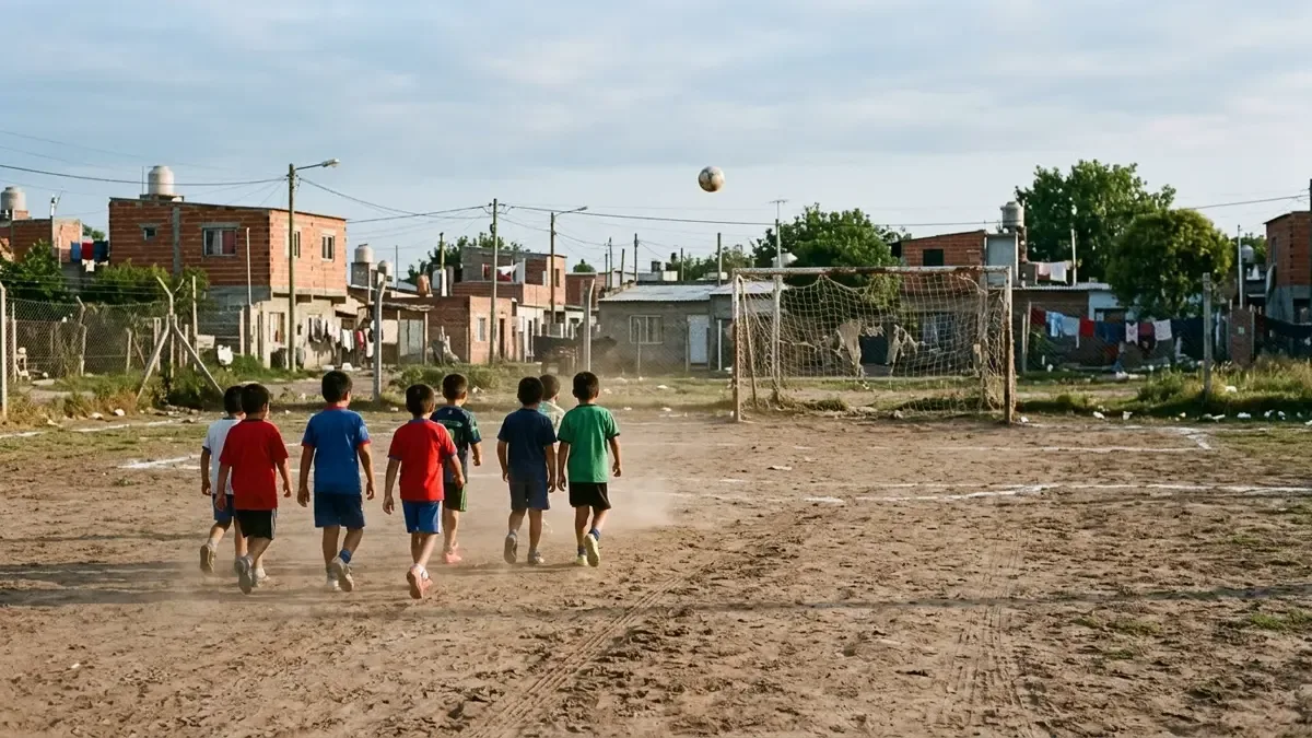 Chicos de espaldas en una canchita de barrio durante una copa infantil.