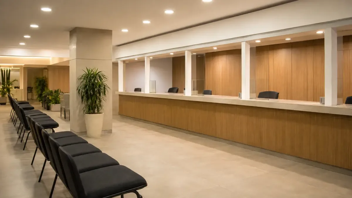 Oficina de atención al vecino en una dependencia municipal vacía.