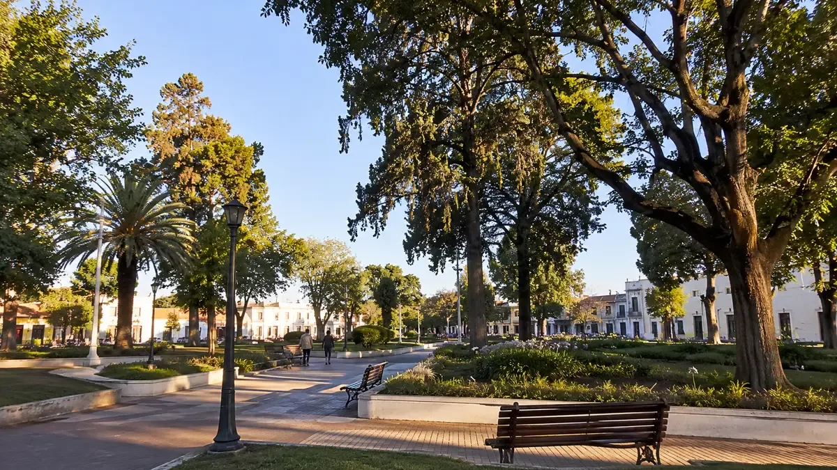 Plaza central de una ciudad argentina con árboles y bancos