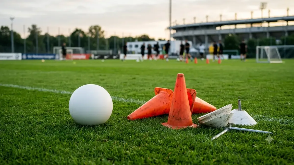 Una pelota lisa junto a conos de entrenamiento en un campo de entrenamiento, vista en tres cuartos, profundidad de campo suave