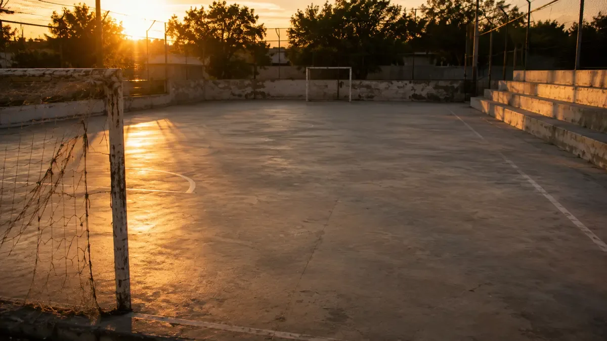 Cancha de baby fútbol de un club de barrio con arcos y gradas vacías