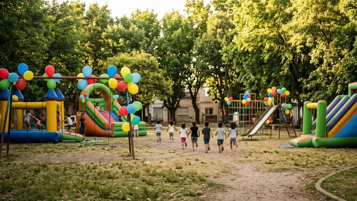 Globos y chicos de espaldas jugando en una jornada recreativa de plaza.