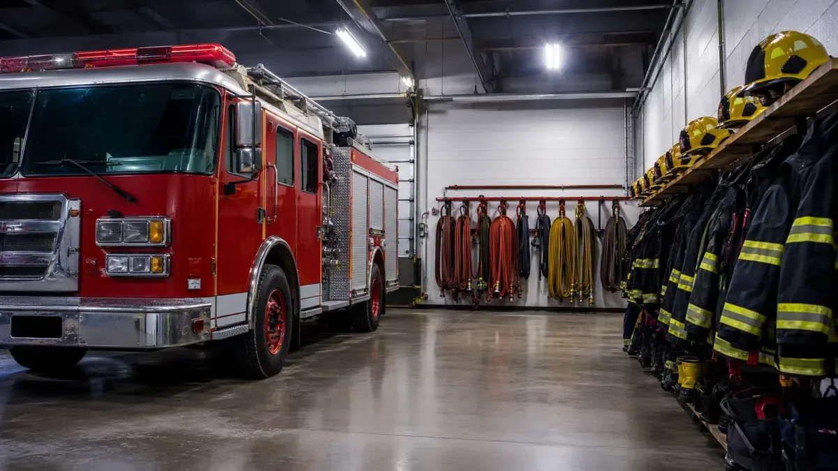 Cuartel de bomberos con autobomba roja y equipo ordenado en percheros