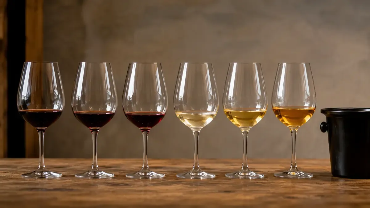 Hilera de copas con distintos vinos alineadas sobre una mesa de madera
