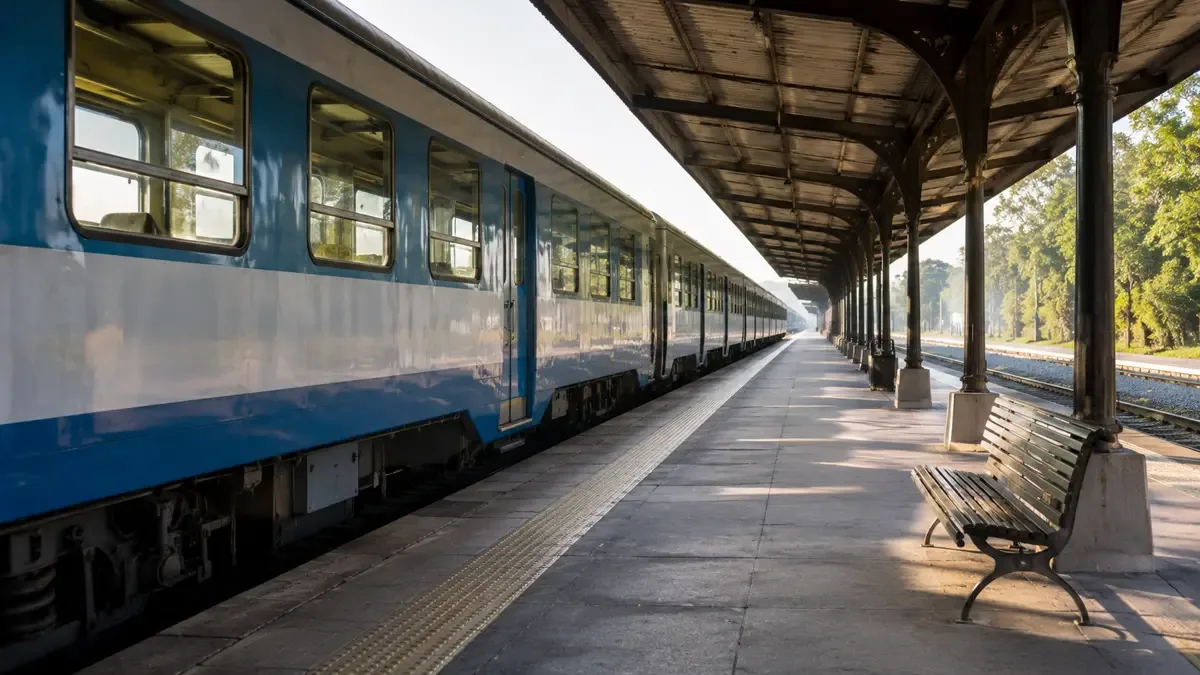 Formación de tren detenida junto a un andén largo con techo de chapa