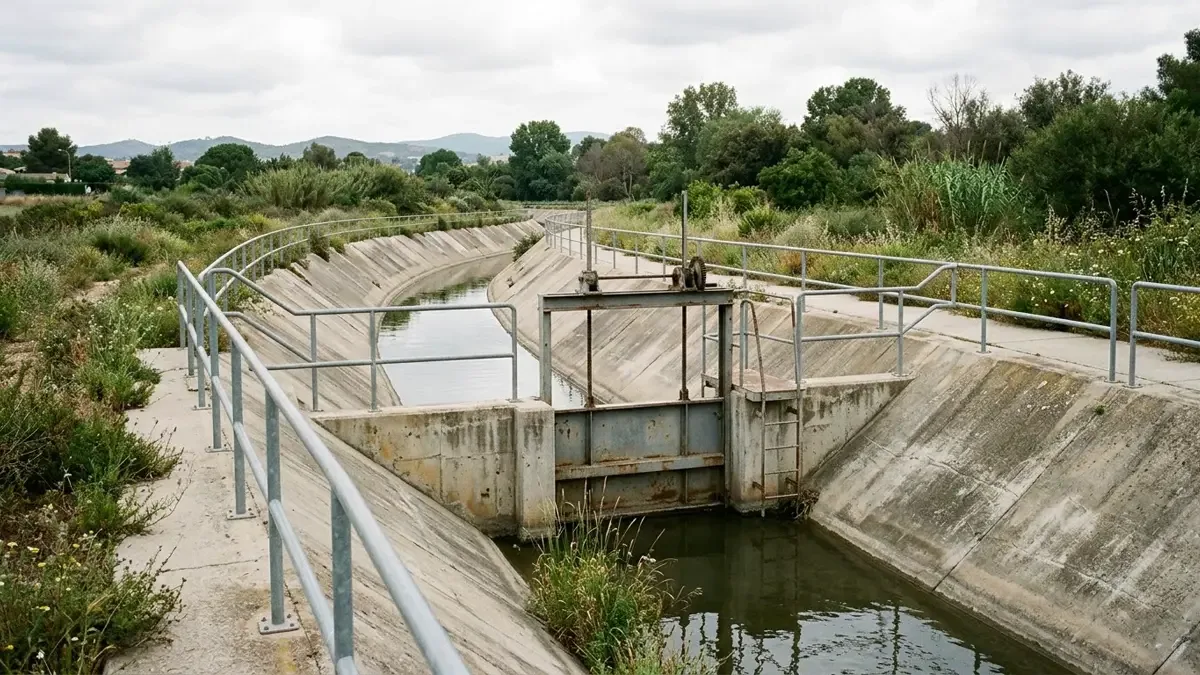 Canal de arroyo entubado con compuerta hidráulica y barandas