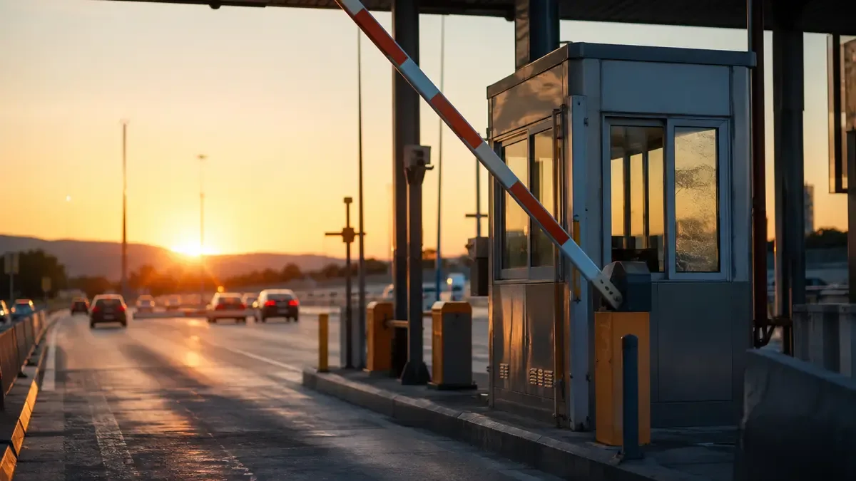 Cabina de peaje en una autopista con la barrera levantada
